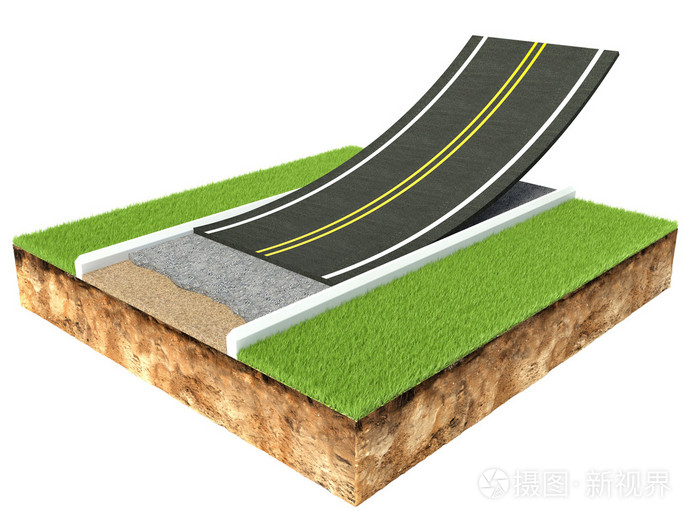 沥青铺路孤立在白色背景上的截面