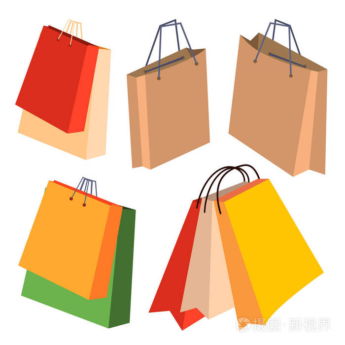 插画 纸购物袋设置矢量.用手柄.独立卡通插图.