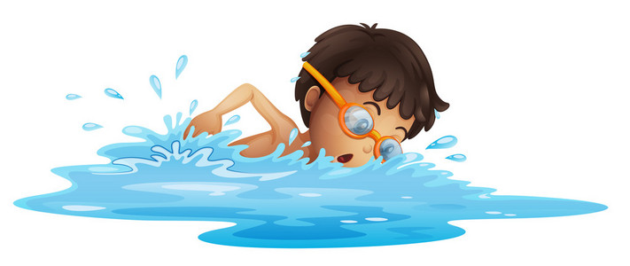 一个年轻男孩跟黄色护目镜游泳