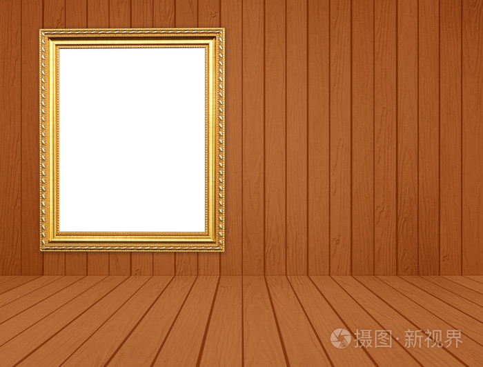 空白的金框,在白色的木墙, 木地板的房间里