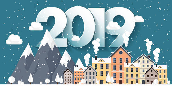 矢量插图。2019冬天城市风景。城市与雪。圣诞节和新年。市容.建筑物. Mountaines, 自然