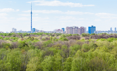 现代城市和绿色的森林，在春天