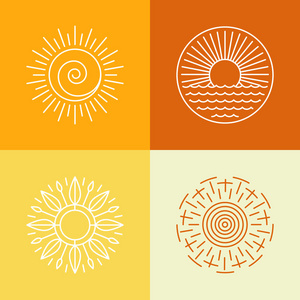 太阳和小山的山徽标矢量矢量 logo 大全和太阳随以放射光线复古太阳集