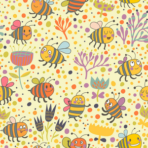 明媚春天无缝模式蜜蜂和花。无缝模式可以用于壁纸 图案填充 web 页面背景，表面纹理。华丽无缝花卉背景