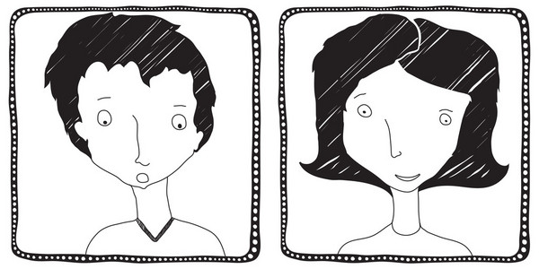 女人和男人手绘制的头像上白色背景，bl 孤立