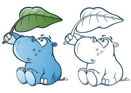 蓝色河马卡通人物, 叶子白色背景照片