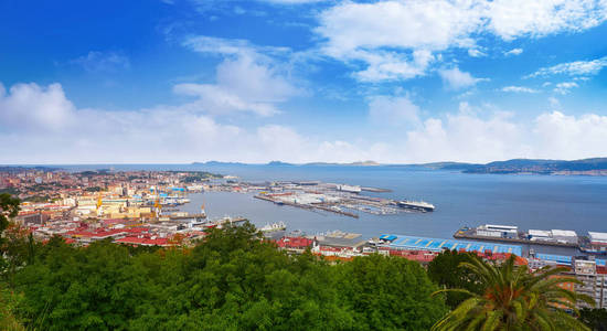西班牙加利西亚的维哥天际线和港口