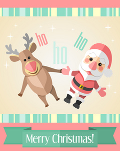 与快乐的圣诞老人和驯鹿的圣诞贺卡