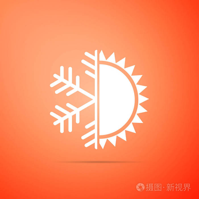 冷热符号.在橙色背景下, 太阳和雪花图标被隔离.冬夏象征.平面设计.