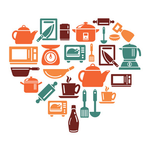 厨房用具和电器图标在心的形状照片