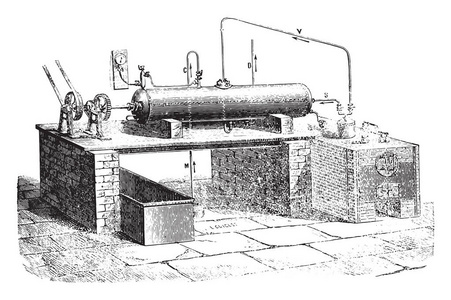 l. Droux 装置, 用于水分解, 复古雕刻插图。工业百科全书 E。拉米1875