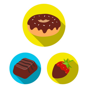 巧克力甜点在设计集集合中的平面图标。巧克力和糖果矢量符号股票插图