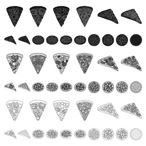 不同的比萨饼卡通图标集收集为设计。比萨食物矢量符号股票网页插图