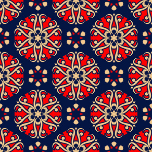 蓝色无缝背景。花米色和红色样式为墙纸和纺织品