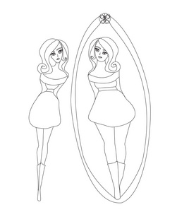 不快乐的女孩看自己的镜子照片