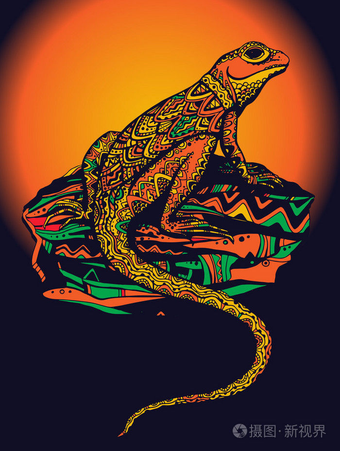插画 有民族图案的华丽蜥蜴.丰富的彩色的爬行动物.eps