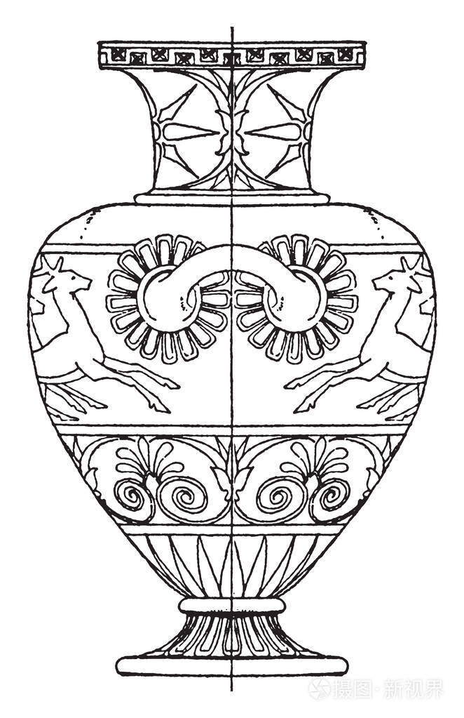 希腊hydria是涂在黑色或红棕色和白色装饰最高阶级复古线画或雕刻插图