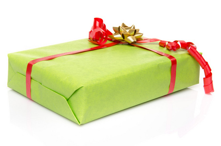 绿色礼品盒红丝带与金色的蝴蝶结