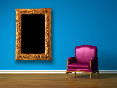 蓝色简约内饰中的现代图片框架的紫色椅子
