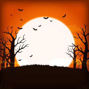 矢量背景, 标牌, 海报设计。橙色夜背景与充分的超级月亮, 云彩, 蝙蝠并且光秃的树剪影