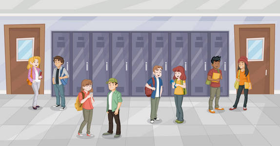 学校走廊里的卡通学生。青少年
