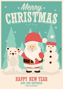 圣诞贺卡圣诞老人, 雪人和驯鹿, 冬季景观, 向量例证