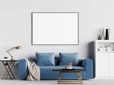 模拟海报框架的内部背景与蓝色沙发, 斯堪的纳维亚风格, 3d 渲染, 3d 插图