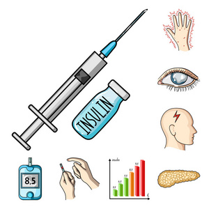 糖尿病卡通图标集合中的设计。糖尿病病媒标志物的治疗 web 插图