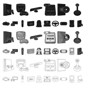 游戏控制台和虚拟现实的卡通图标集集合中的设计。游戏小工具矢量符号股票网页插图