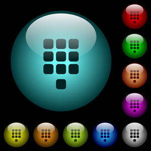 拨号垫图标在彩色照明的球形玻璃按钮在黑色背景。可用于黑色或深色模板