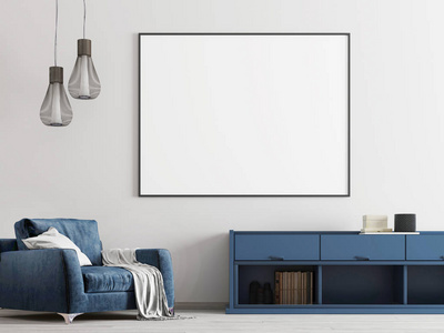在白色的室内模拟海报与蓝色家具的现代风格。3d 渲染