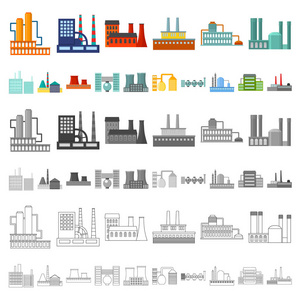 工厂和设施卡通图标集的设计。工厂和设备矢量符号库存 web 插图