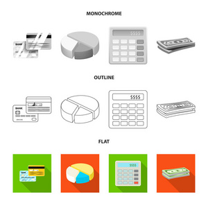 银行和货币符号的孤立对象。股票的银行和账单矢量图标的收集