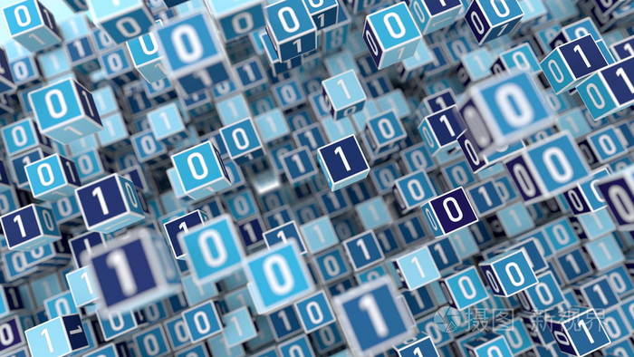 带有蓝色背景二进制数字的多维数据集的互联网数字大管理概念