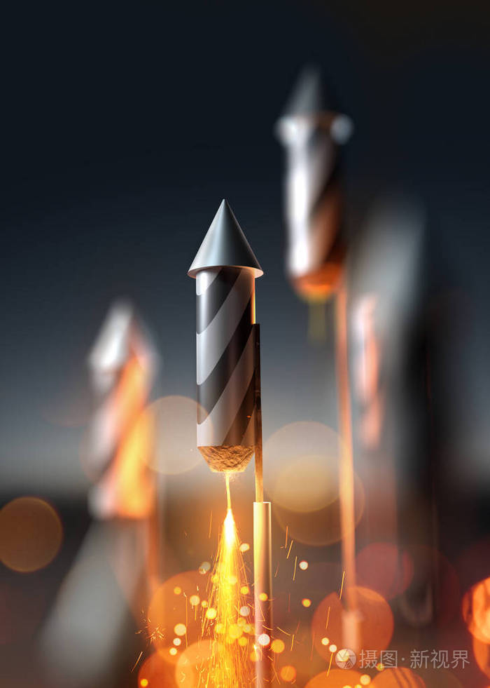 即将发射到夜空的烟花火箭的特写图像.3d 插图