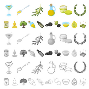 橄榄, 食物卡通图标集合为设计。橄榄油, 调味矢量符号股票网页插图