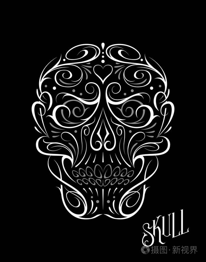 抽象头骨形状白色图案矢量艺术的哥特式纹身装饰与头骨形状黑色上的