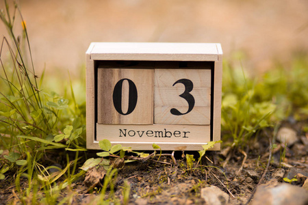 11月3日日在木木板背景上设置木制日历.秋季时间照片