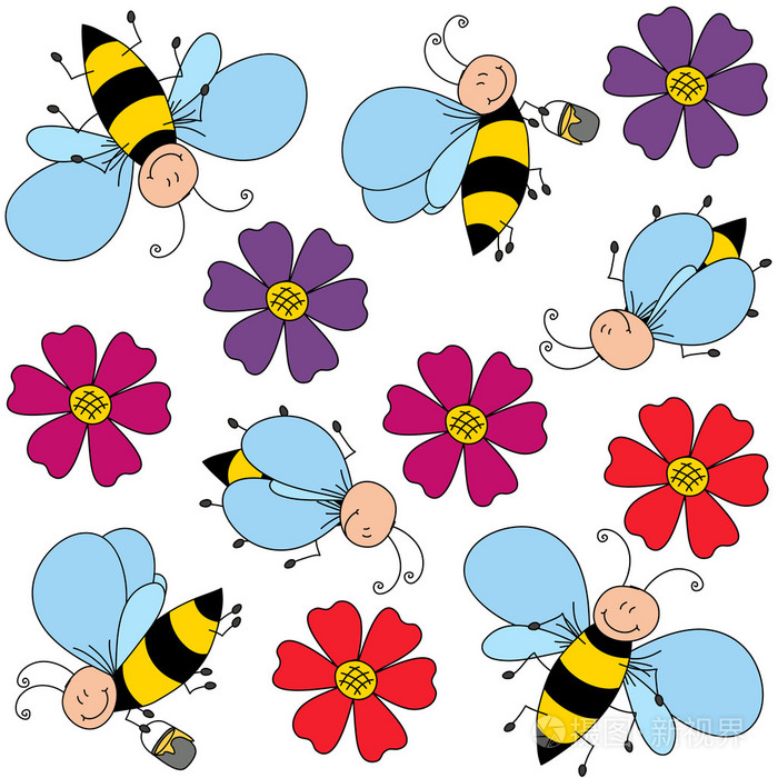 孤立的蜜蜂和花画上白色背景无缝模式插画-正版商用图片0bcguq-摄图新