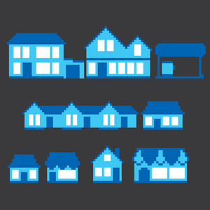 像素建筑物图标集。老学校计算机图形样式