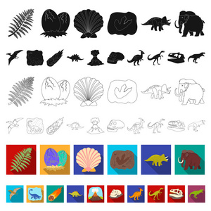 不同的恐龙平面图标集合中的设计。史前动物媒介符号股票网页插图