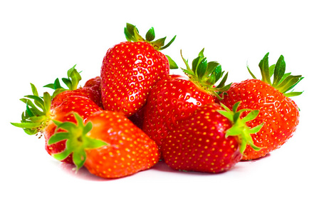 几个新鲜的草莓绿色的树叶与新鲜草莓水果照片