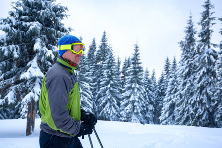 微笑的冒险家站在大雪覆盖的巨大松树中。史诗般的冬季旅行在山上