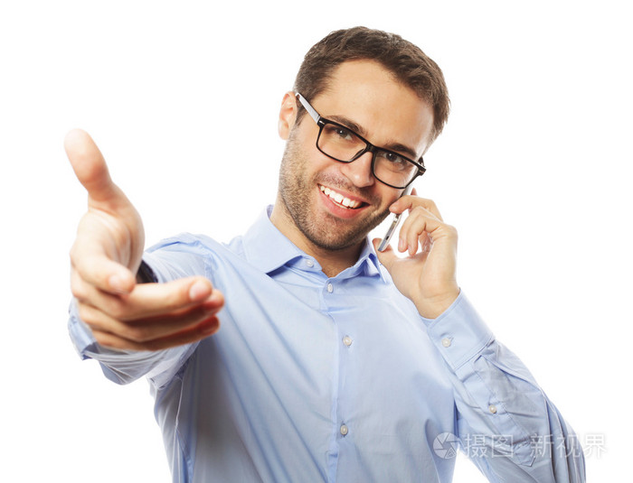 成功的手势商务男人与移动