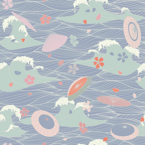 海浪日本无缝图案与手工绘制的风格化的海浪, 日本雨伞, 樱花花.
