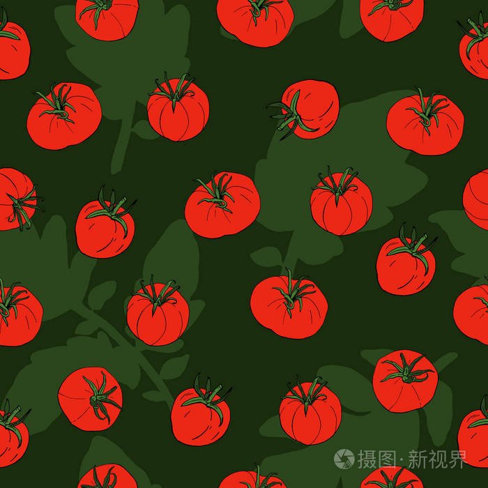 与西红柿和叶子在绿色背景的无缝模式。向量。插图