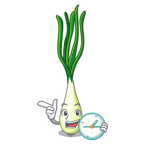 与时钟卡通新鲜的葱在切削板向量例证照片