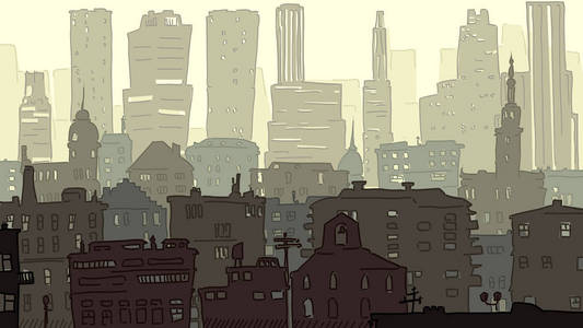 矢量插图由孩子气的手绘制的城市景观与屋顶, 窗户和摩天大楼