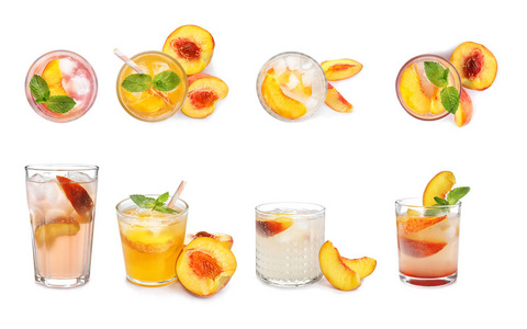 在白色背景上设置不同的美味桃子饮料