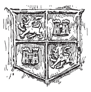 狮子波峰, 有两个狮子和两个城堡, 复古线条画或雕刻插图